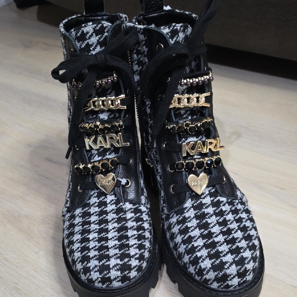 Karl Lagerfeld Black and White Houndstooth Boots